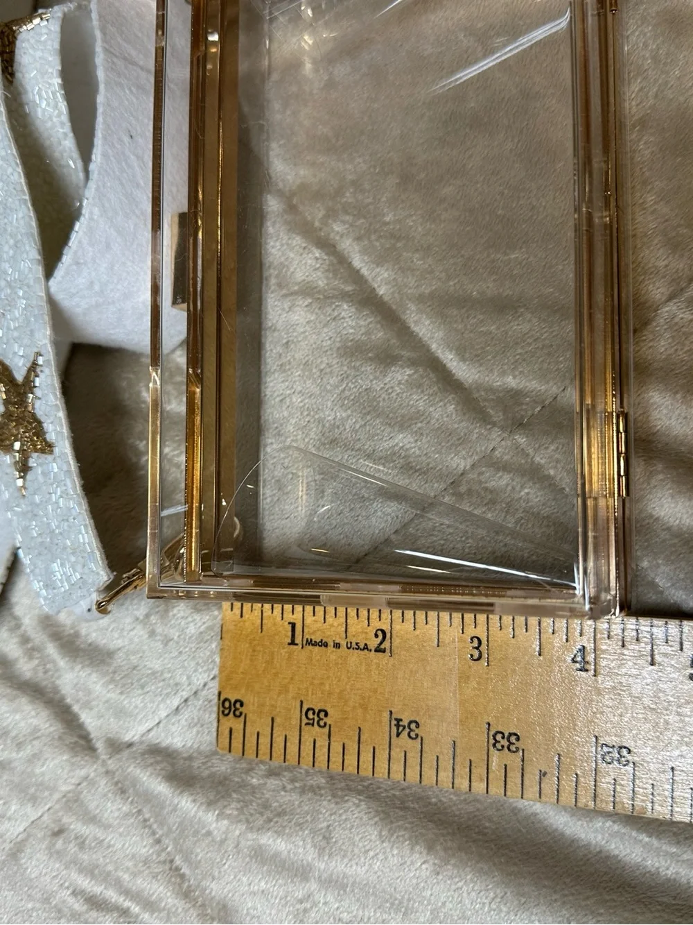 Clear Acrylic purse with Gold Trim and White Star Strap